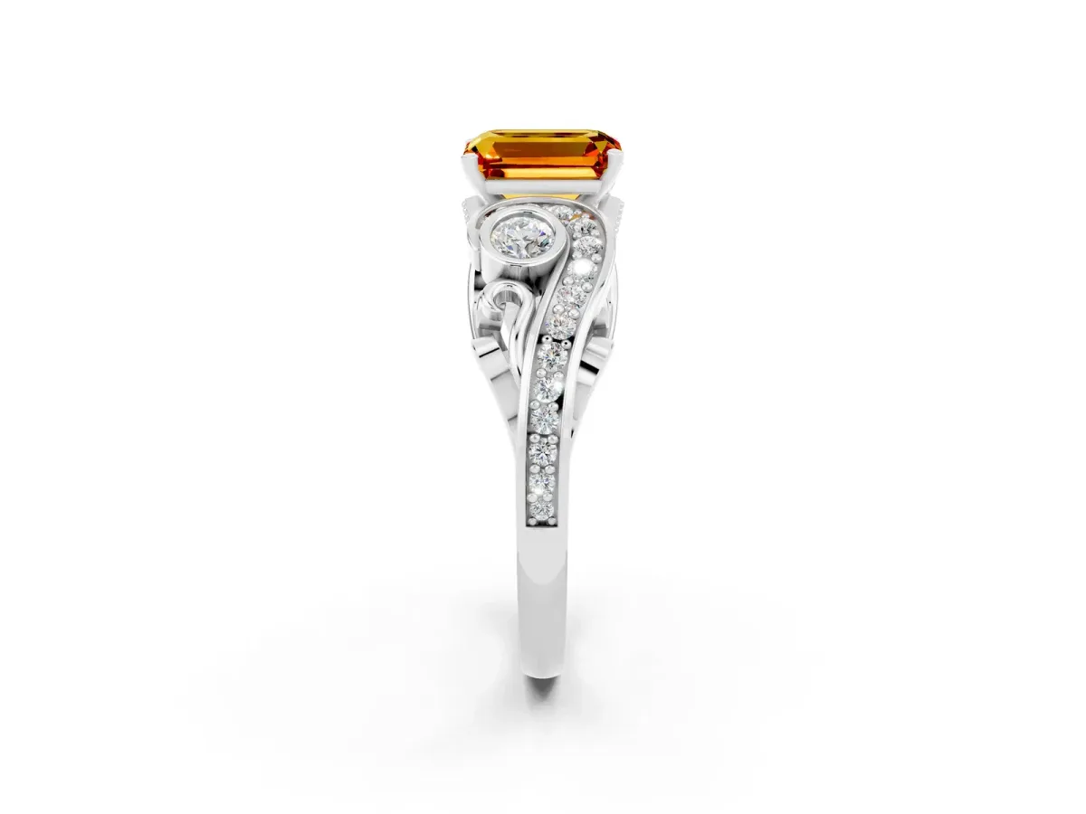 Emerald Cut Citrine Solitaire Ring with Milgrain Pavé Band and Four-Prong Setting Platinum