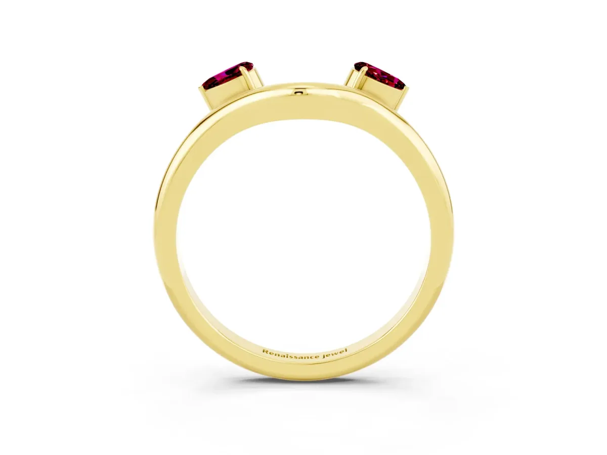 Pear Cut Garnet Two-Stone Open Band Ring with Prong Setting Yellow gold