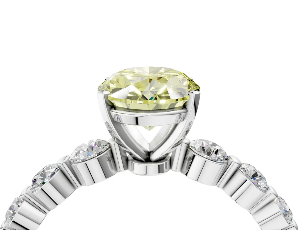 Fancy Yellow Oval Cut Solitaire Diamond Ring with Pave Band and Four-Prong Setting Platinum