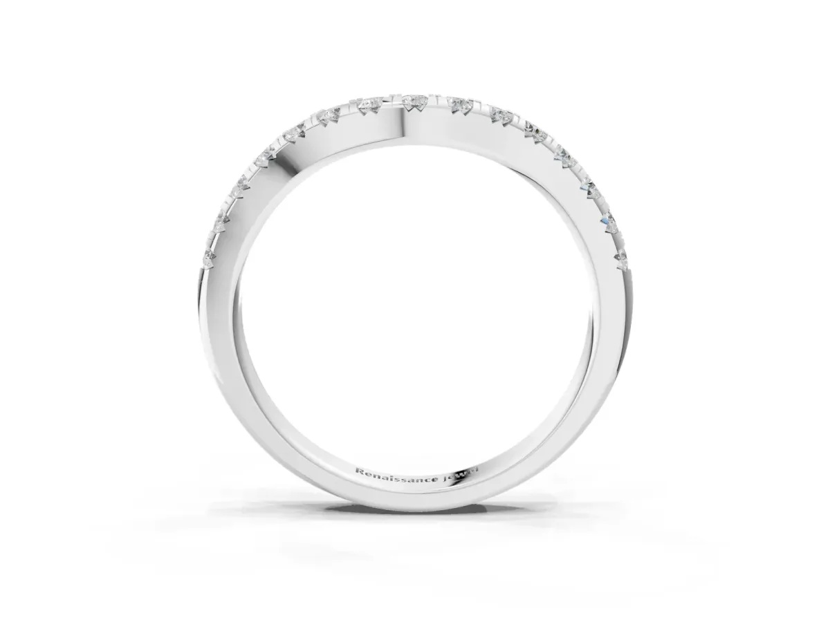 Round Diamond Curved Pavé Wedding Band with Shared Prong Setting Silver