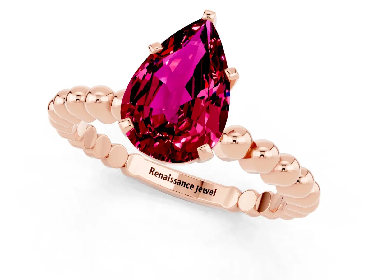 Pear Cut Garnet Solitaire Ring with Beaded Band and Prong Setting Rose gold