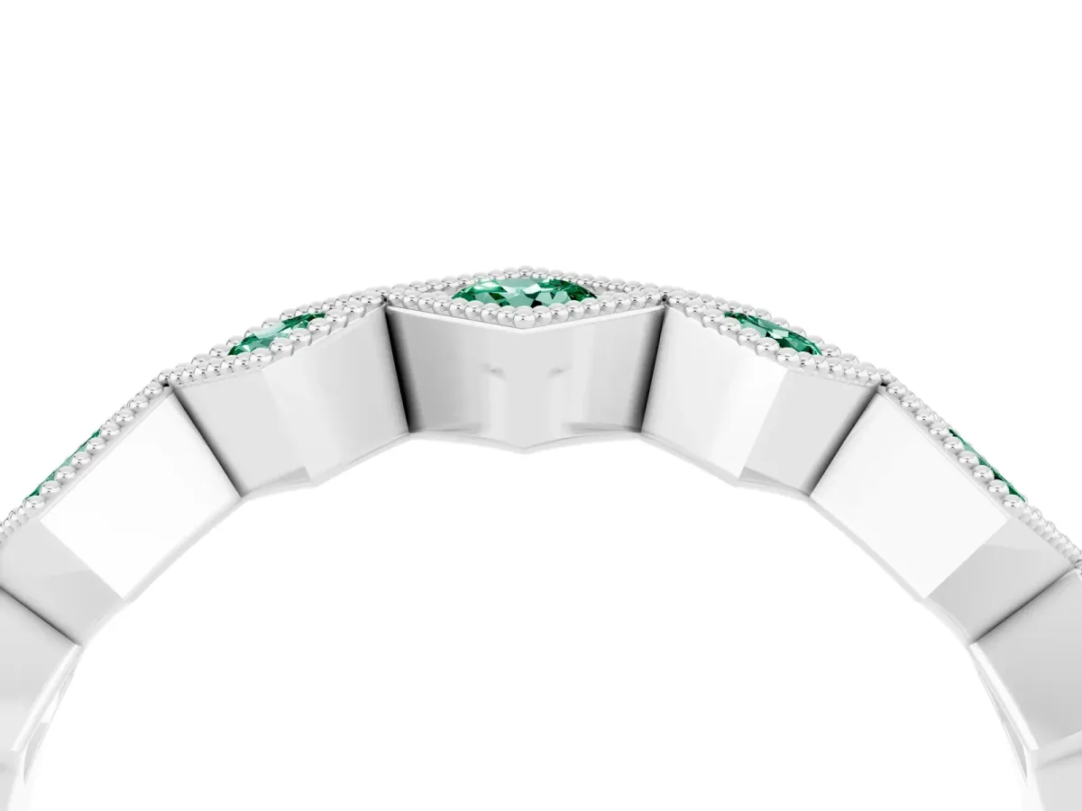Milgrain Square Bezel Round Green Sapphire Chevron Band Silver