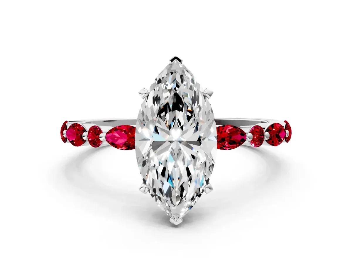 Marquise Cut Diamond Ring with Marquise and Round Ruby Side Stones and Four-Prong Setting Silver