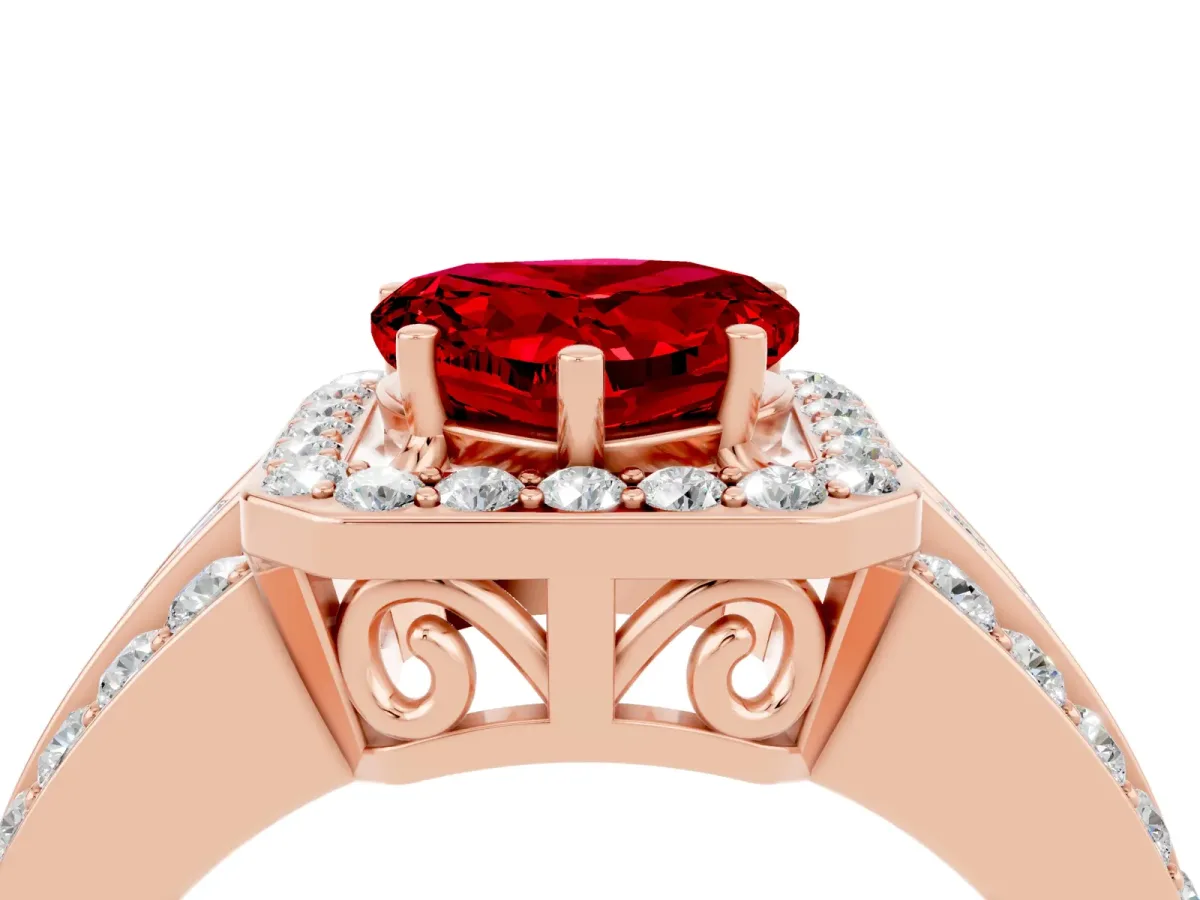 Heart Cut Halo Ruby Ring with Round Split Shank and Prong Setting Rose gold