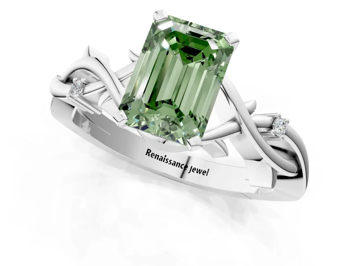 Fancy Green Emerald Cut Diamond Solitaire Ring with Twisted Band and Prong Setting Silver