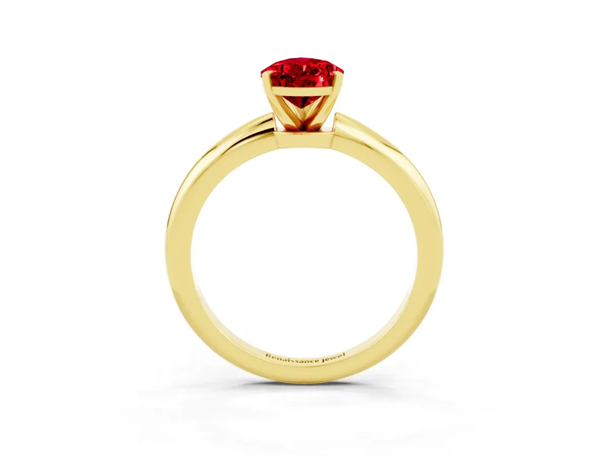 Pear Cut Ruby Solitaire Ring with Six-Prong Setting and Classic Band Yellow gold