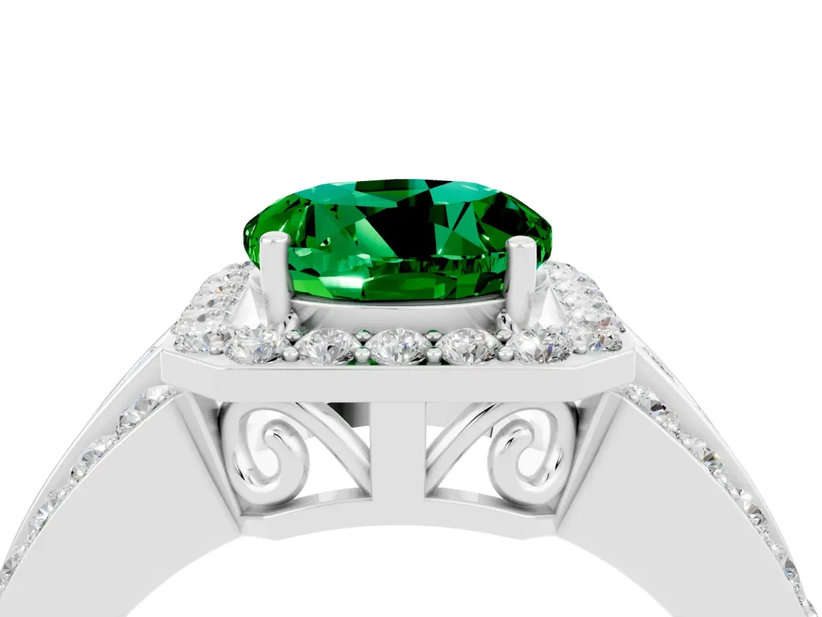 Round Cut Halo Emerald Ring with Round Split Shank and Prong Setting Silver