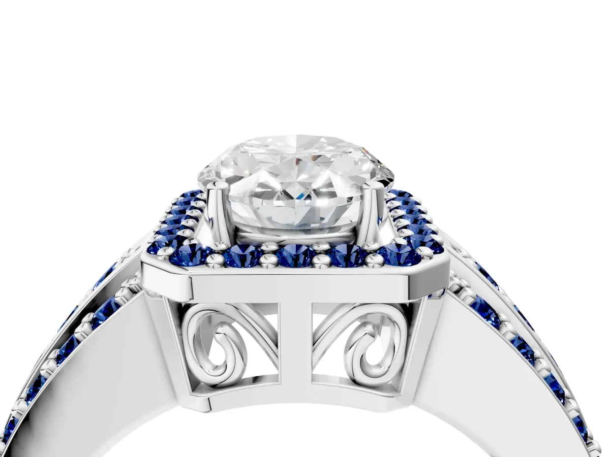 Oval Cut Halo Diamond Ring with Round Blue Sapphire Split Shank and Prong Setting Platinum