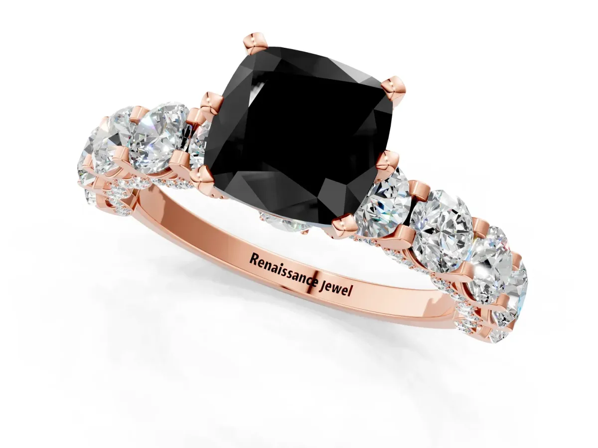 Fancy Black Cushion Cut Diamond Side Stone Engagement Ring with Four-Prong Setting Rose gold
