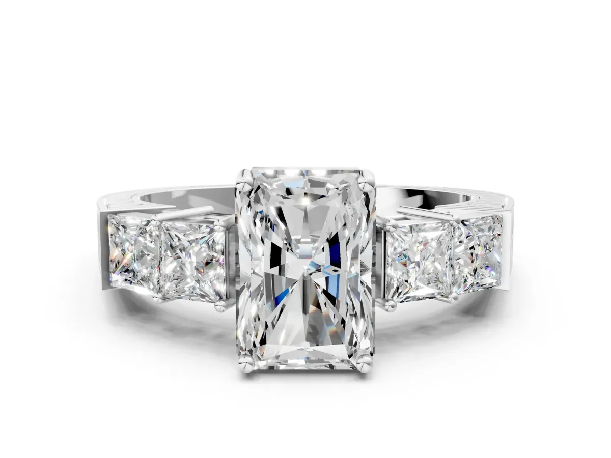 Radiant Cut Solitaire Princess Side Stone Engraved Band Prong Setting Ring Platinum