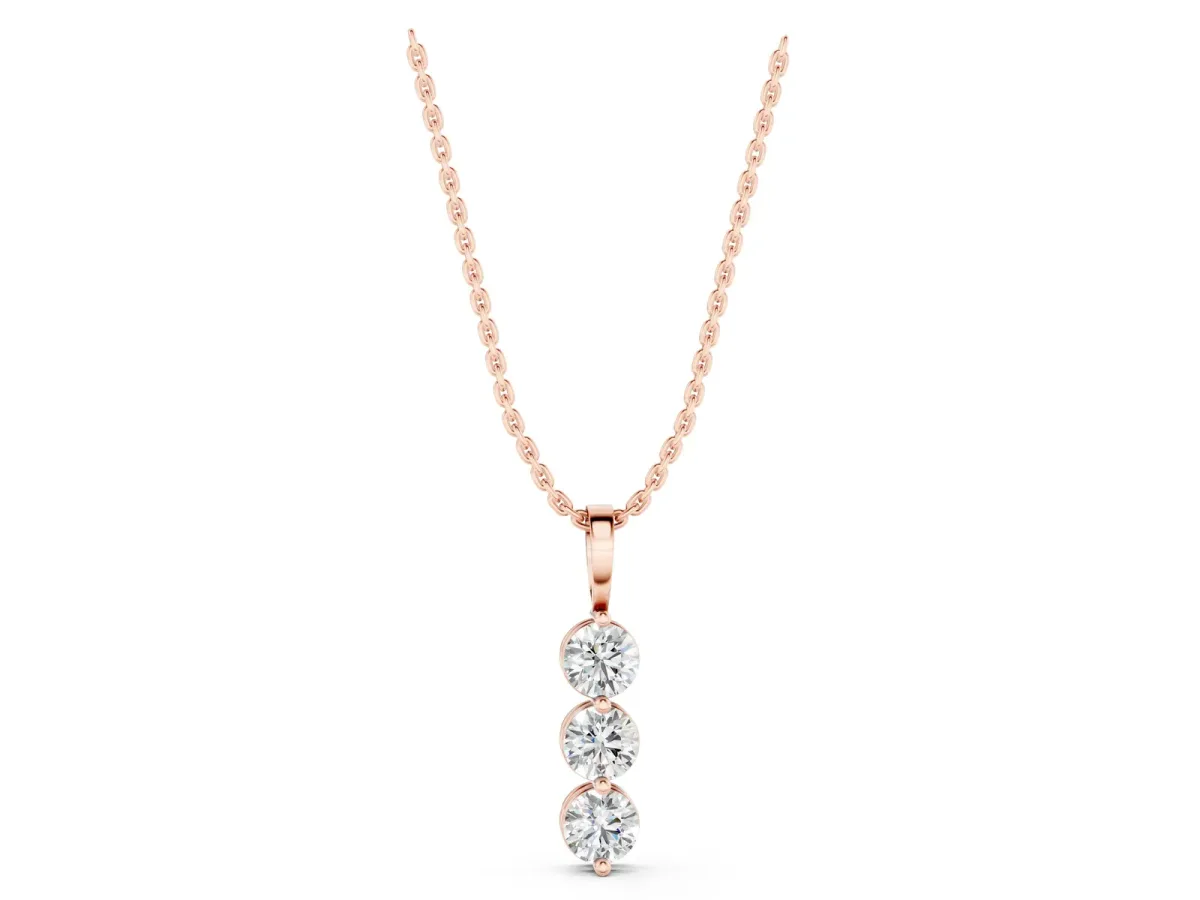 Three-Stone Round Diamond Drop Pendant with Four-Prong Setting Rose gold