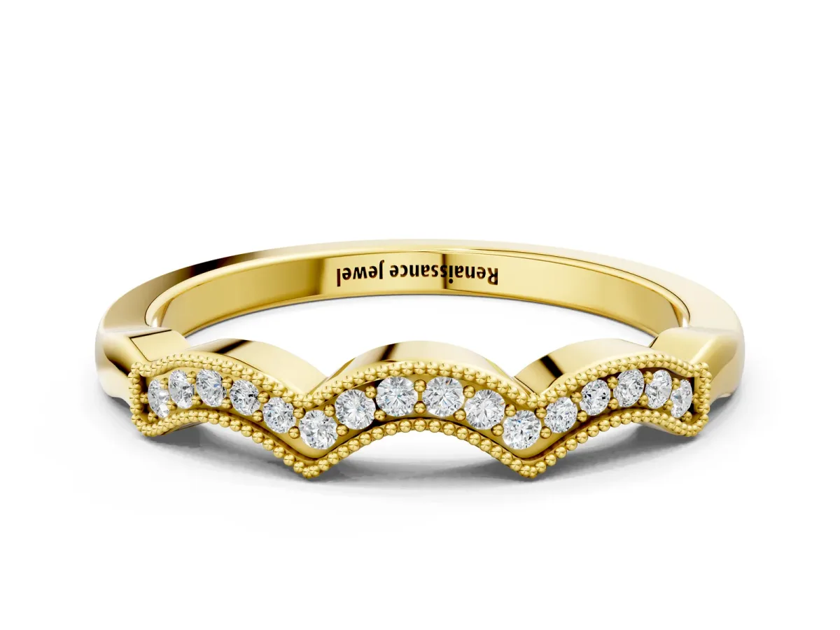 Milgrain Pavé Round Diamond Curved Band Yellow gold