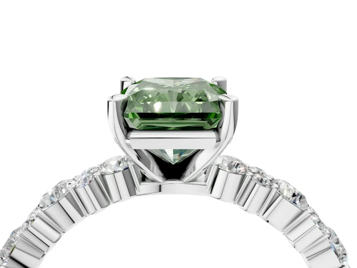 Fancy Green Radiant Cut Diamond Side Stone Solitaire Ring with Round and Four-Prong Setting Platinum