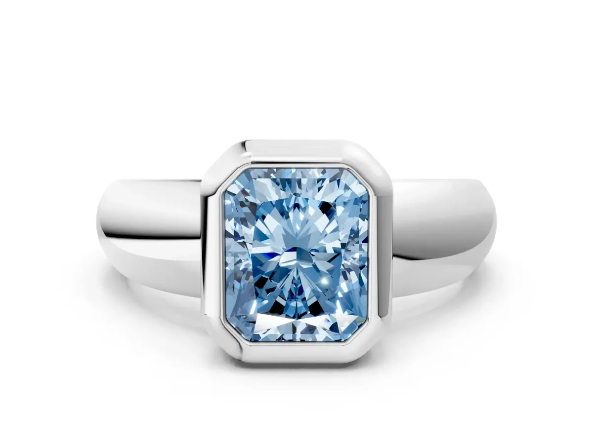 Fancy Blue Bezel Set Radiant Cut Solitaire Ring with Wide Band Platinum