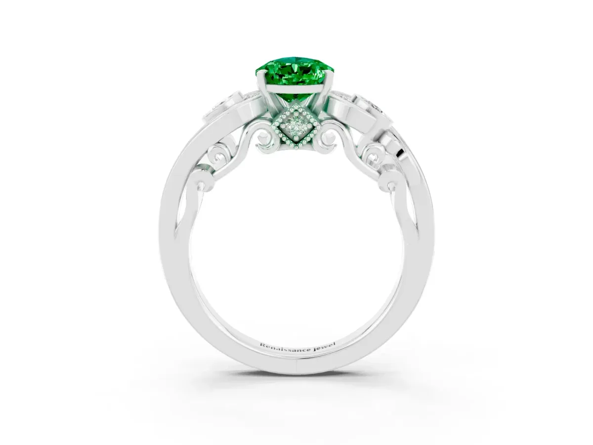 Pear Cut Emerald Solitaire Ring with Milgrain Pavé Band and Four-Prong Setting Silver