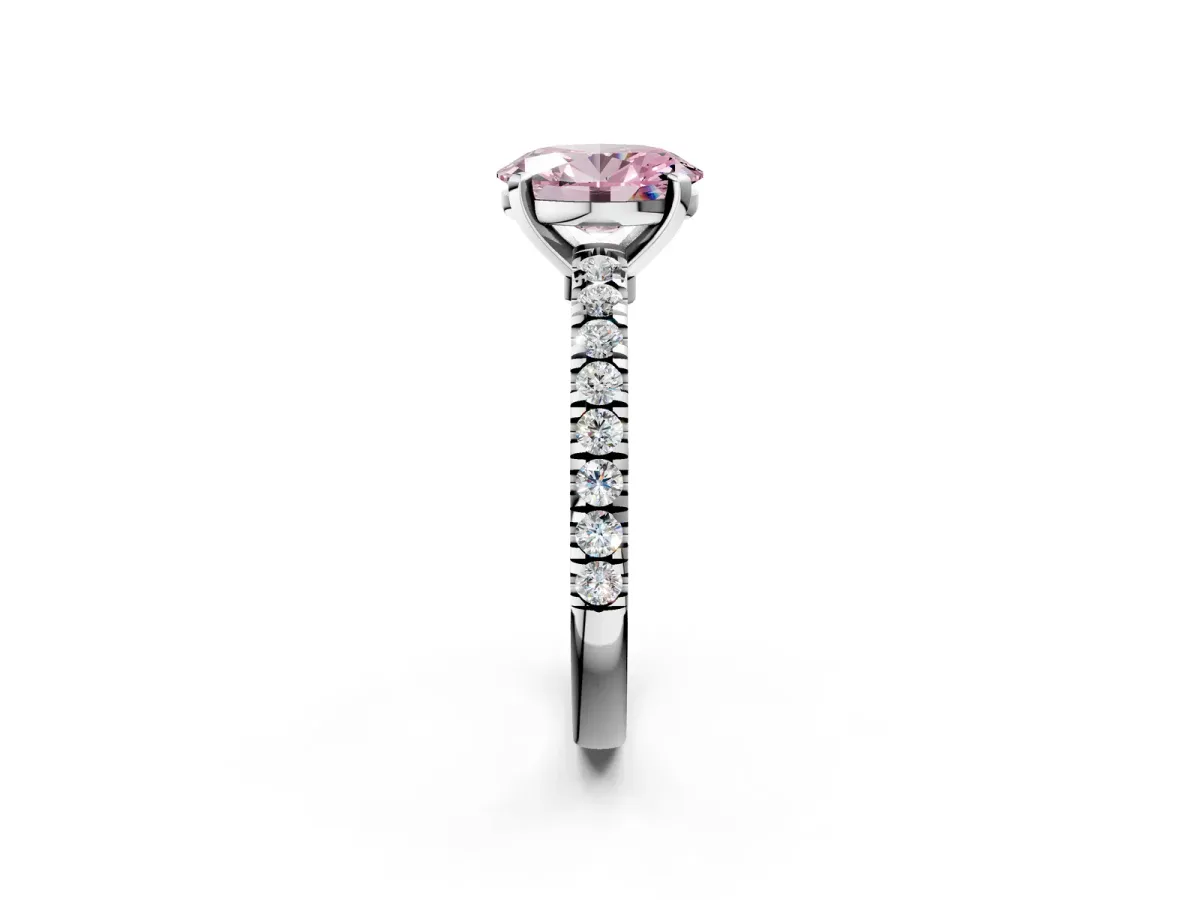 Fancy Pink Oval Cut Solitaire Diamond with Pavé Band and Four-Prong Setting Silver