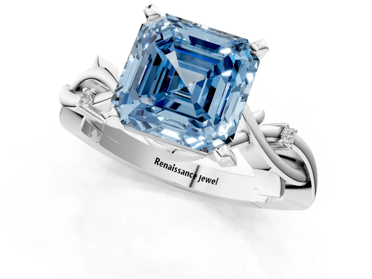 Fancy Blue Asscher Cut Diamond Solitaire Ring with Twisted Band and Prong Setting Silver