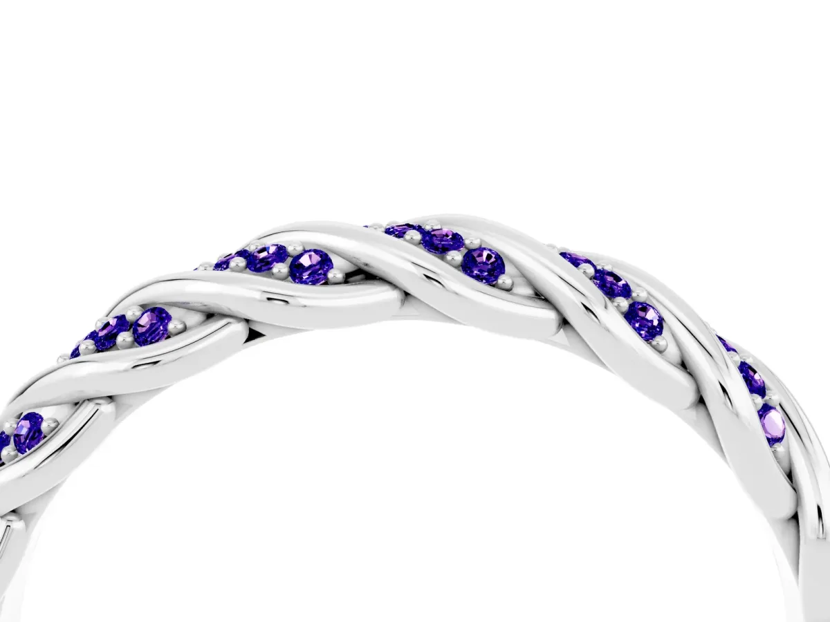 Twisted Pavé Round Tanzanite Eternity Band with Shared Prong Setting Platinum