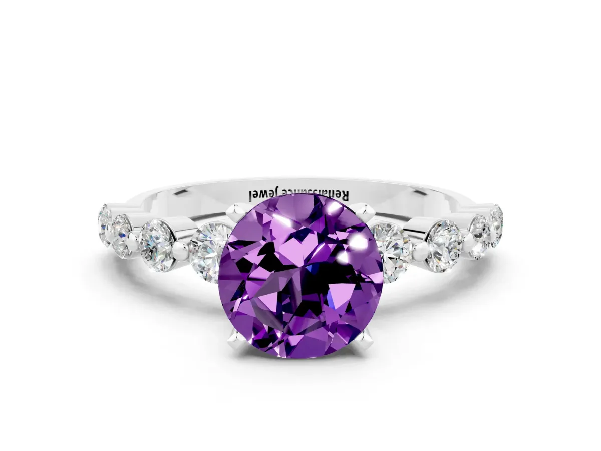 Round Cut Solitaire Amethyst Ring with Pave Band and Four-Prong Setting Silver