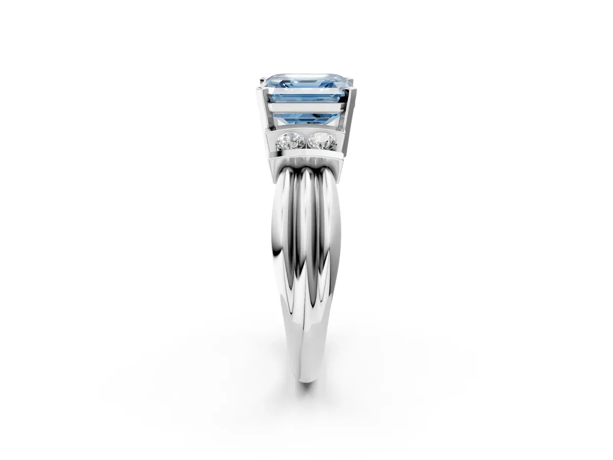 Fancy Blue Asscher Cut Cut Three-Stone Channel Set Ring with Bar Prongs Platinum