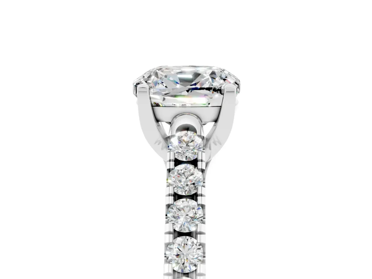Cushion Cut Moissanite Pavé Band Solitaire Ring with Prong Setting Platinum