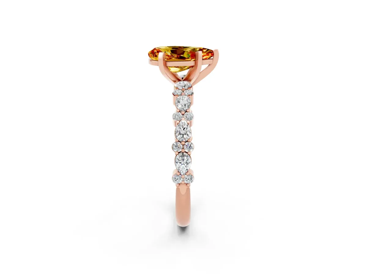 Pear Cut Citrine Side Stone Solitaire Ring with Round and Four-Prong Setting Rose gold