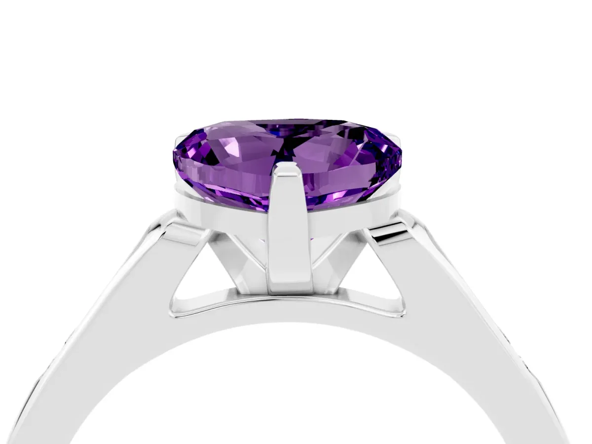 Heart Cut Amethyst Solitaire Ring with Channel Set Round Band and Prong Setting Silver