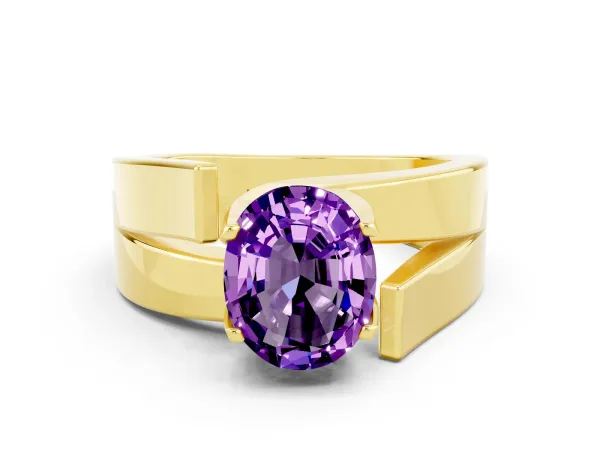 Modern Tension Set Oval Cut Amethyst Solitaire Wide Band Ring Yellow gold
