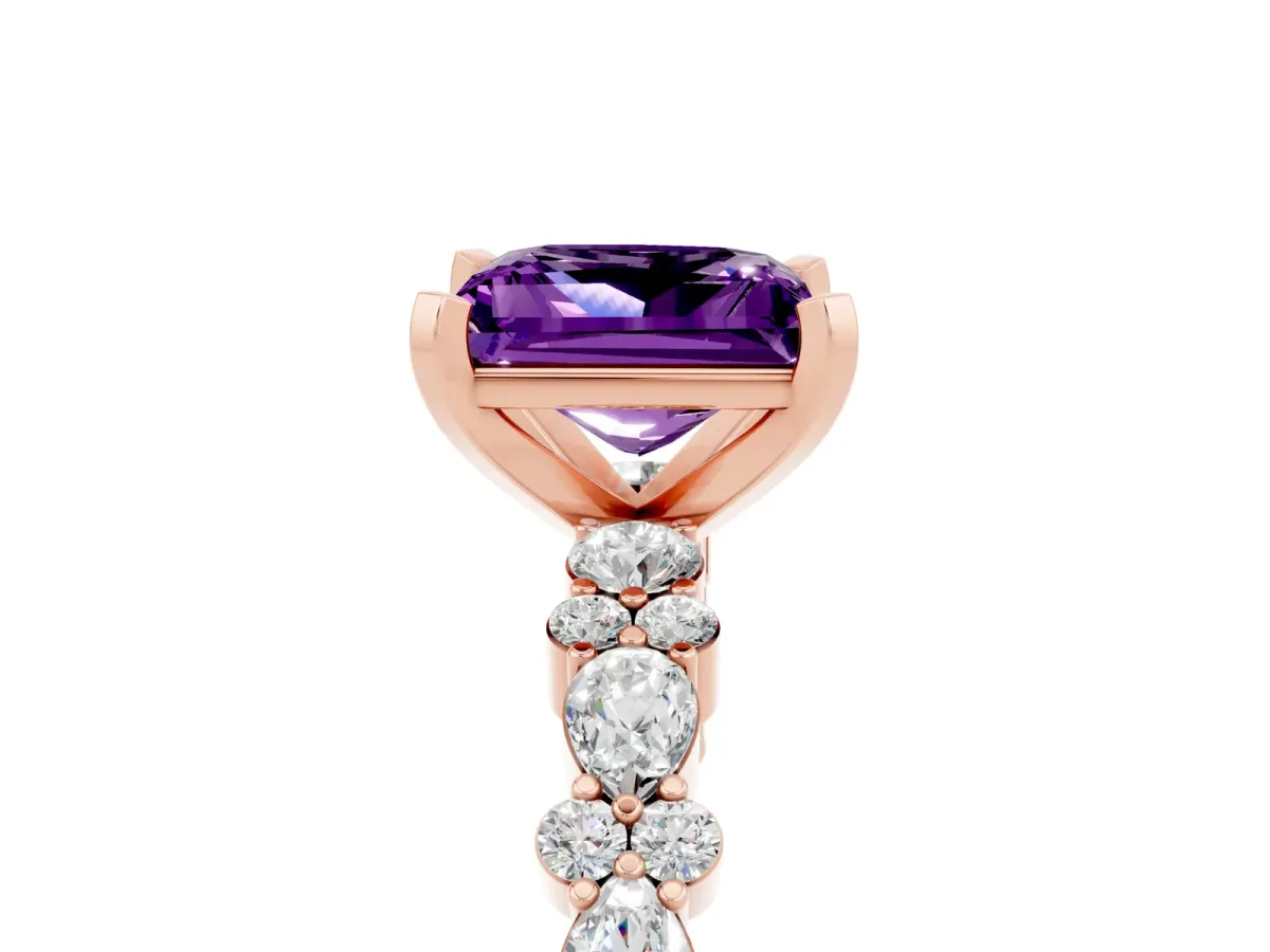 Princess Cut Amethyst Side Stone Solitaire Ring with Round and Four-Prong Setting Rose gold