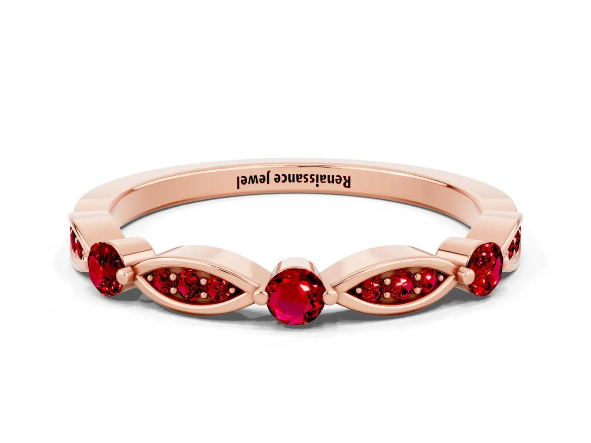 Marquise and Round Ruby Milgrain Band with Bezel Setting Rose gold