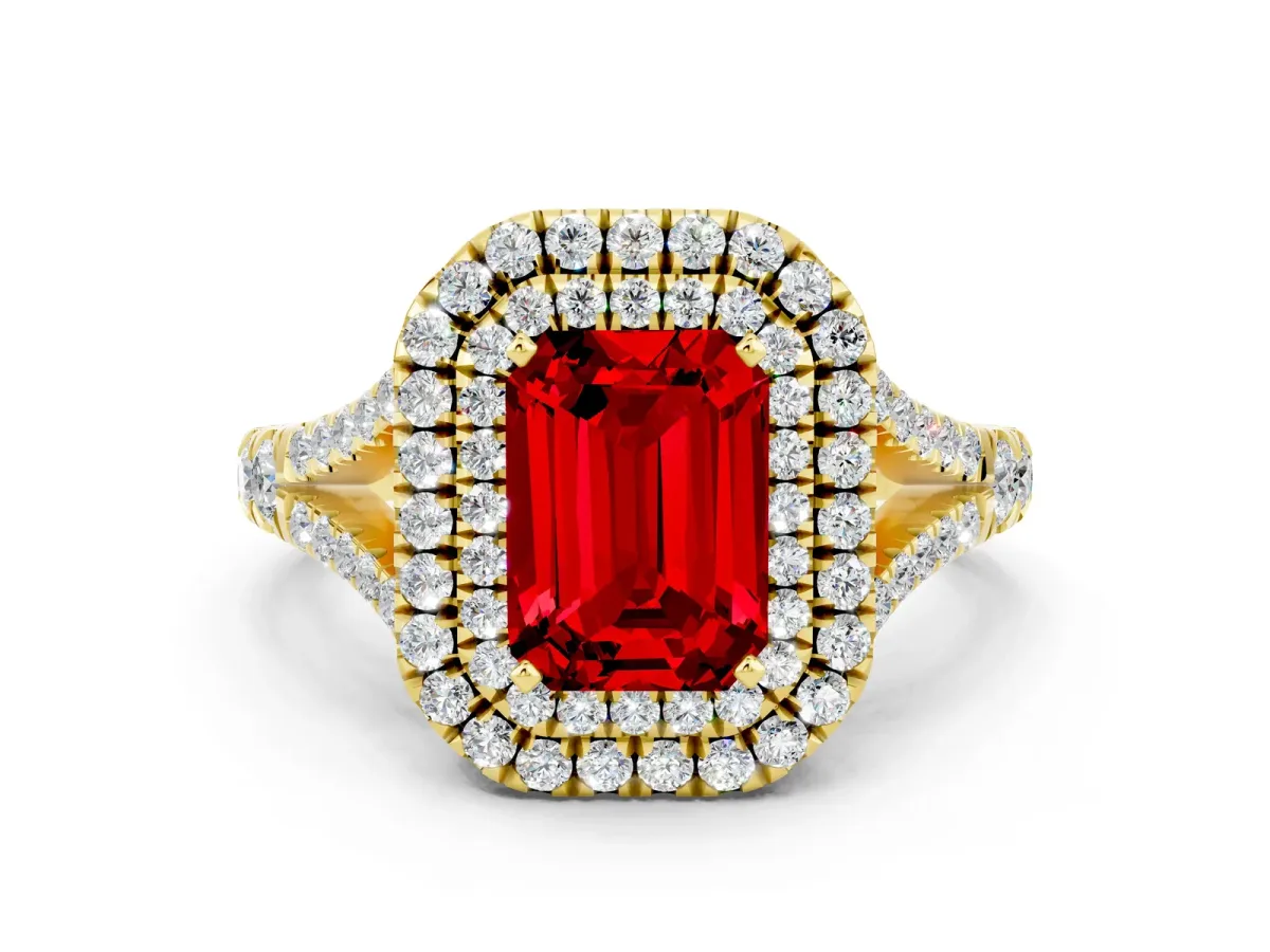 Double Halo Emerald Cut Ruby Split Shank Engagement Ring with Four-Prong Setting Yellow gold