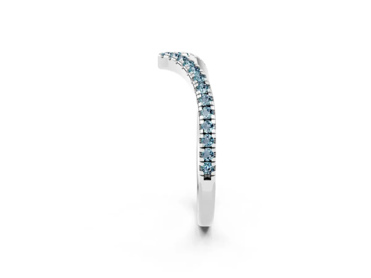 Pavé Round Aquamarine V-Shaped Chevron Band with Shared Prong Setting White gold