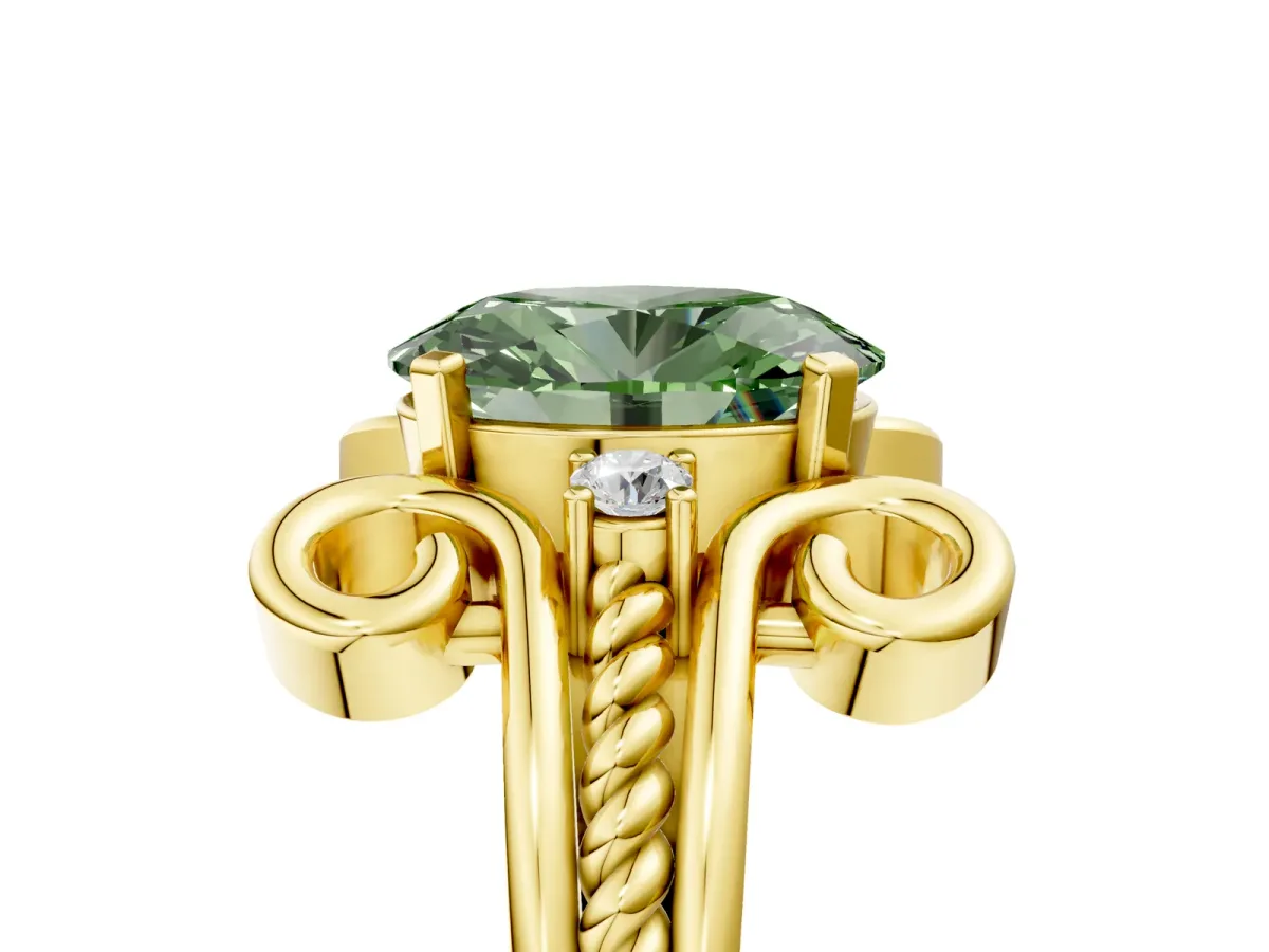 Fancy Green Oval Cut Solitaire Twisted Band Scroll Prong Ring Yellow gold