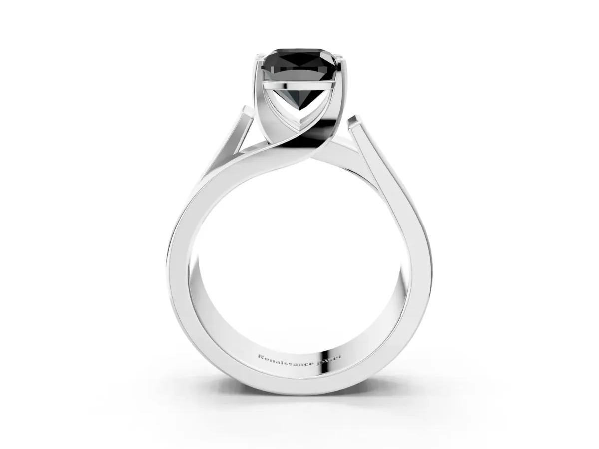Fancy Black Modern Tension Set Cushion Cut Diamond Solitaire Wide Band Ring Silver