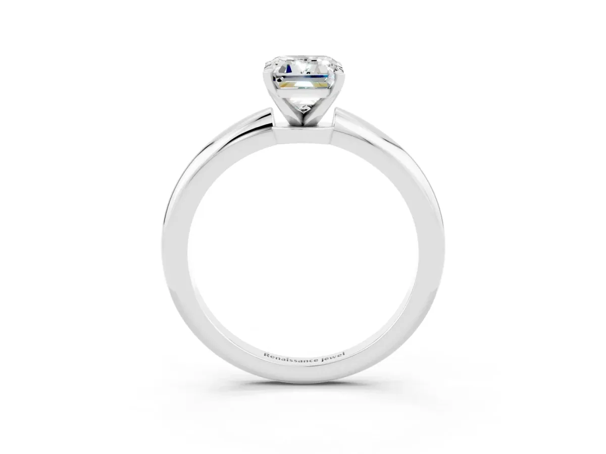 Emerald Cut Moissanite Solitaire Ring with Six-Prong Setting and Classic Band Silver