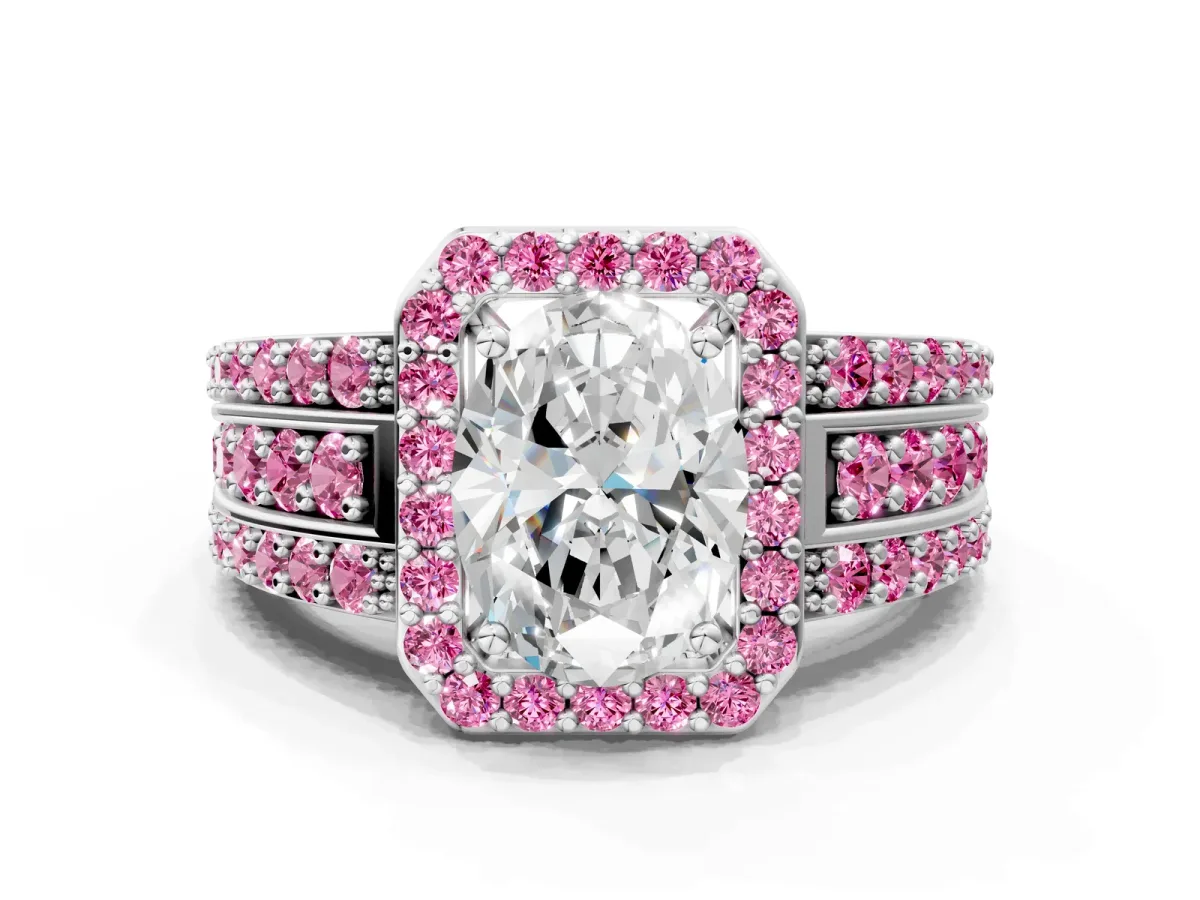 Oval Cut Halo Diamond Ring with Round Pink Sapphire Split Shank and Prong Setting Silver