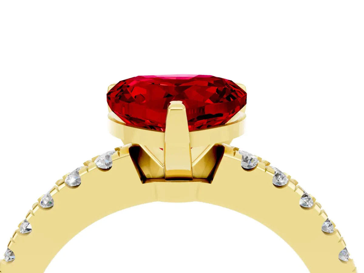 Heart Cut Solitaire Ruby with Pavé Band and Four-Prong Setting Yellow gold