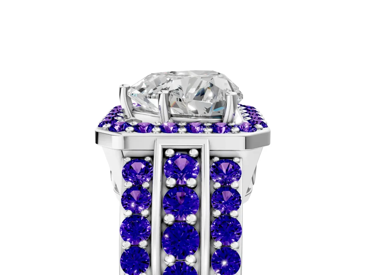 Heart Cut Halo Diamond Ring with Round Tanzanite Split Shank and Prong Setting Silver