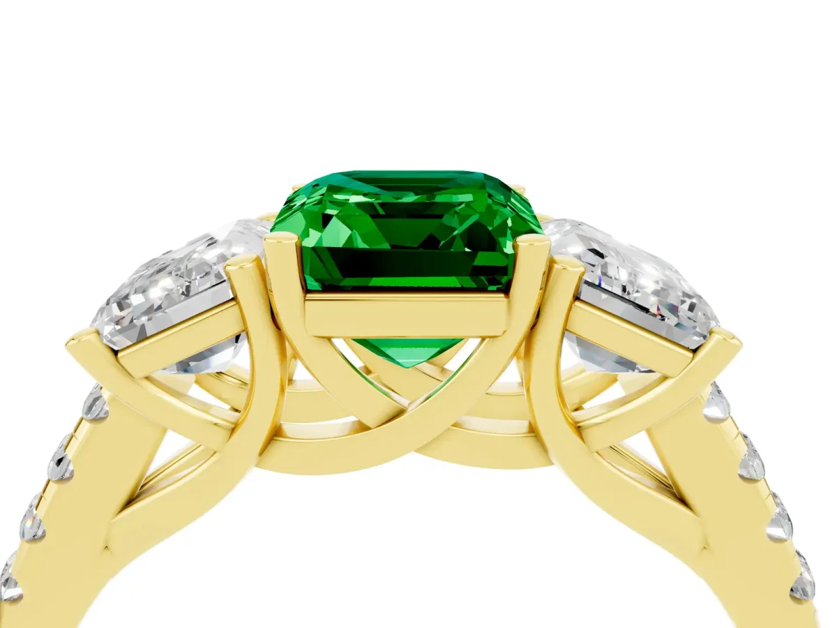 Three-Stone Emerald Cut Emerald Ring with Round Pavé Band and Prong Setting Yellow gold