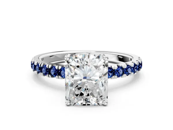 Radiant Cut Diamond Pave Band Solitaire Ring with Round Blue Sapphire and Prong Setting Platinum