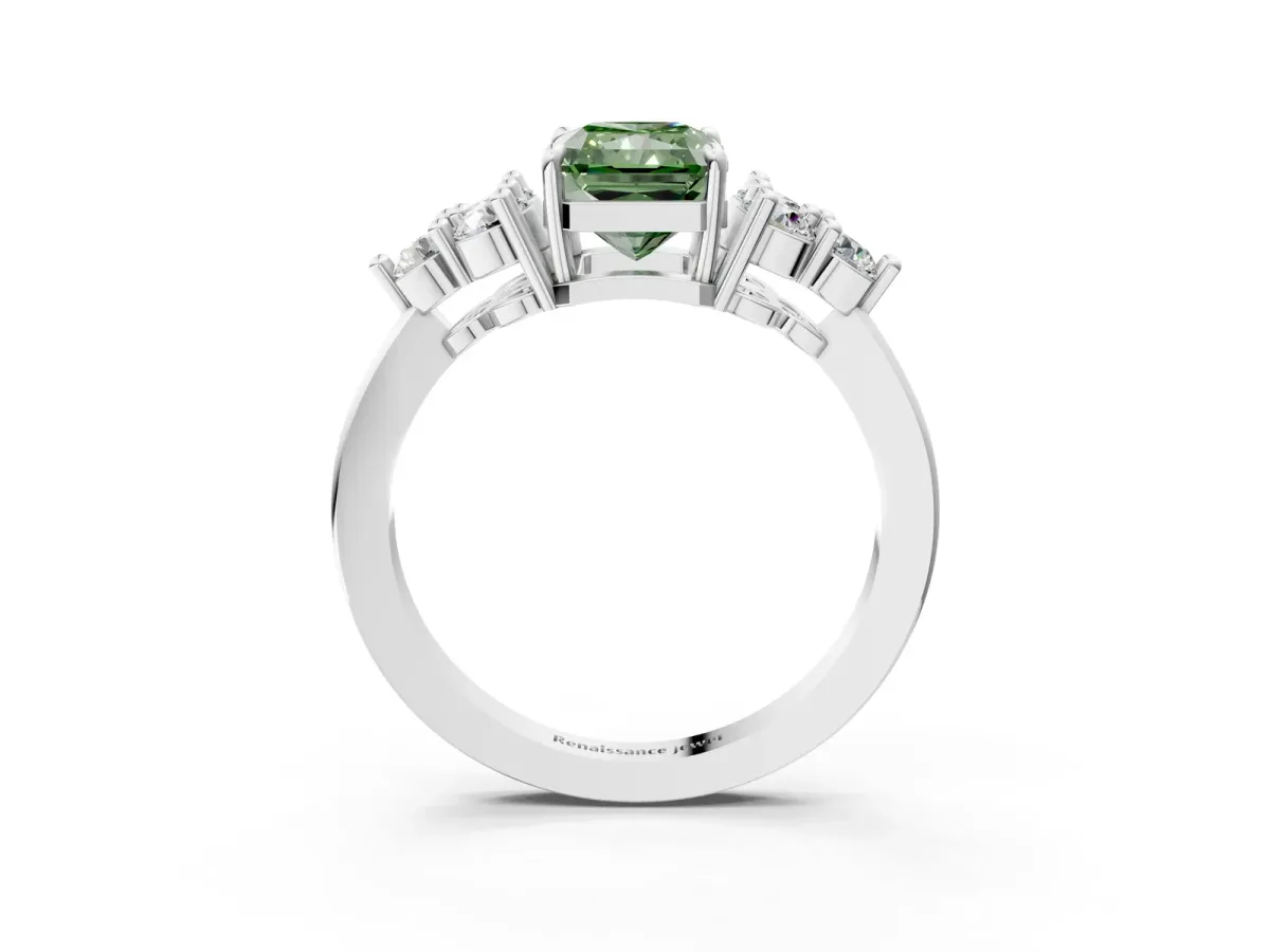 Fancy Green Radiant Cut Brilliant Diamond Cluster Accent Solitaire Ring with Prong Setting Platinum