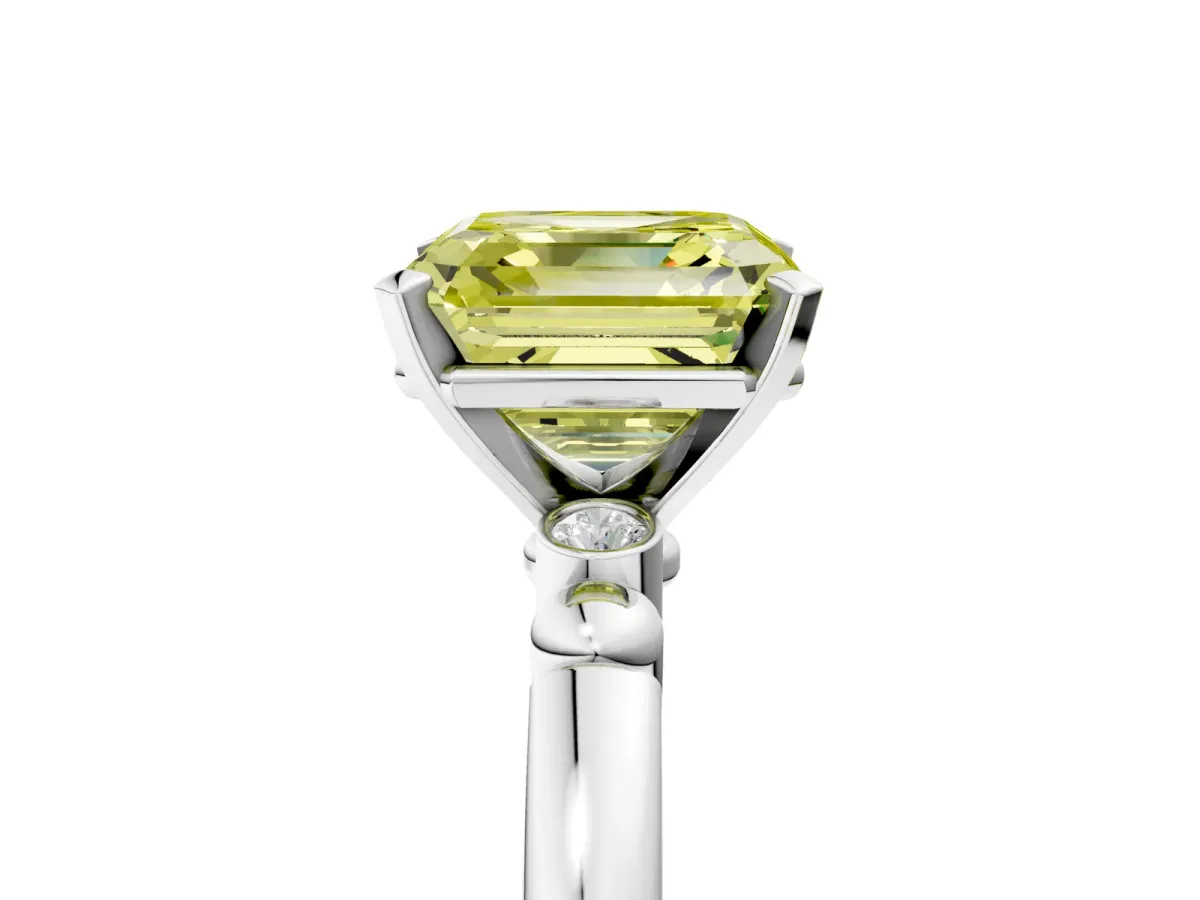 Fancy Yellow Asscher Cut Solitaire Beaded Band with Four-Prong Setting Platinum