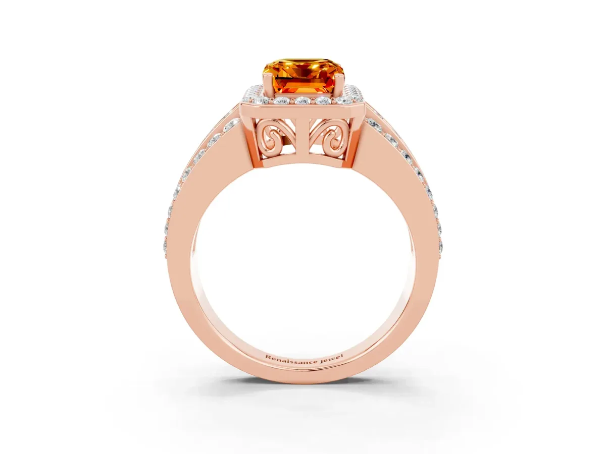 Emerald Cut Halo Citrine Ring with Round Split Shank and Prong Setting Rose gold