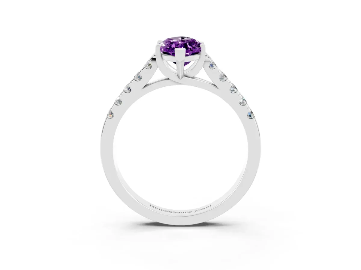 Marquise Cut Amethyst Pavé Band Solitaire Ring with Prong Setting Silver