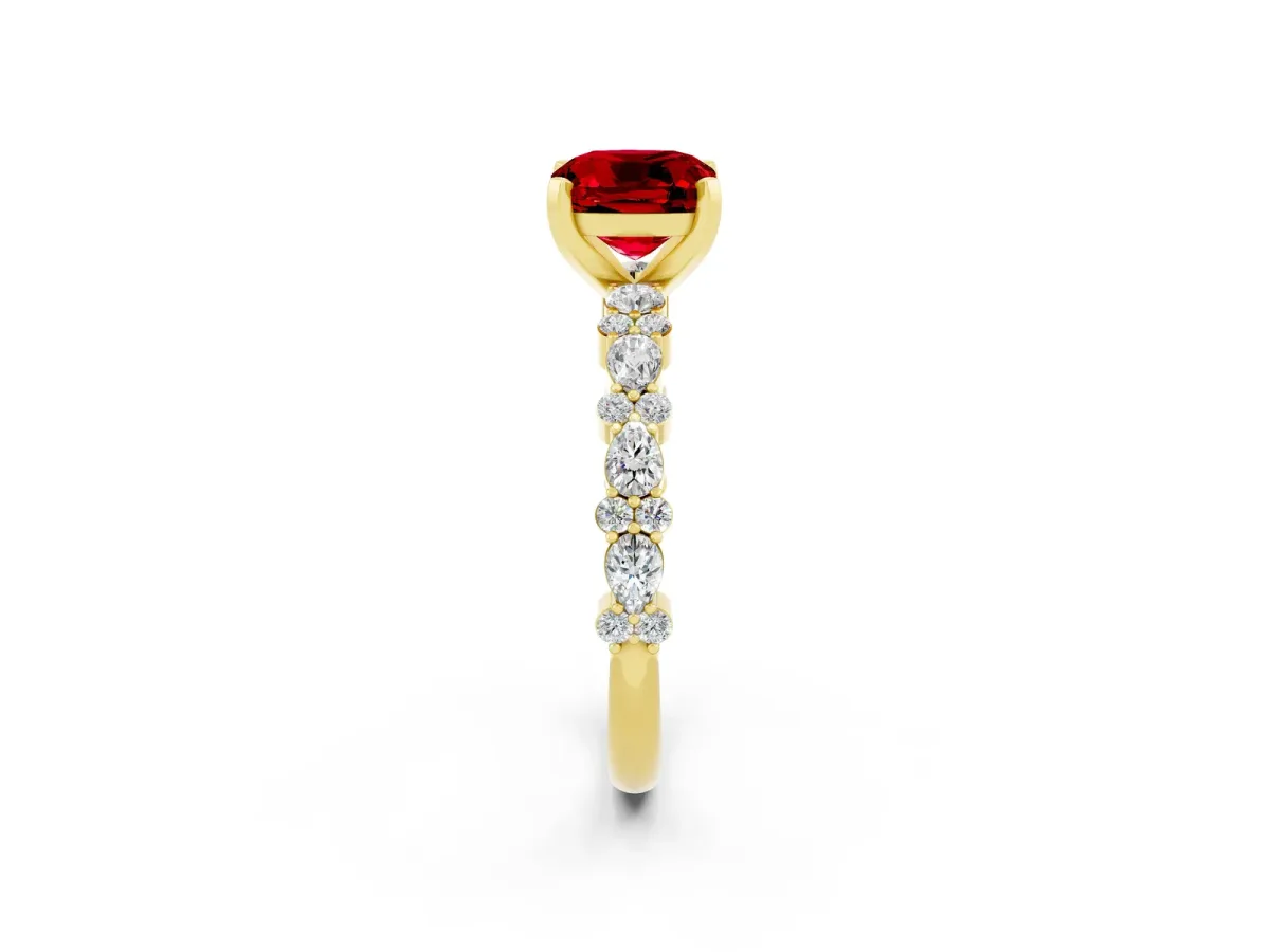 Cushion Cut Ruby Side Stone Solitaire Ring with Round and Four-Prong Setting Yellow gold