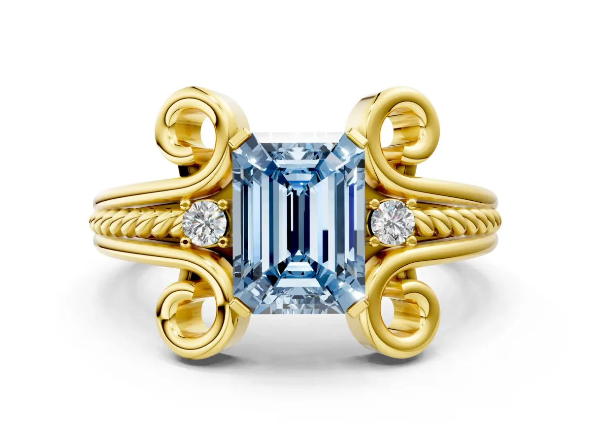 Fancy Blue Emerald Cut Solitaire Twisted Band Scroll Prong Ring Yellow gold