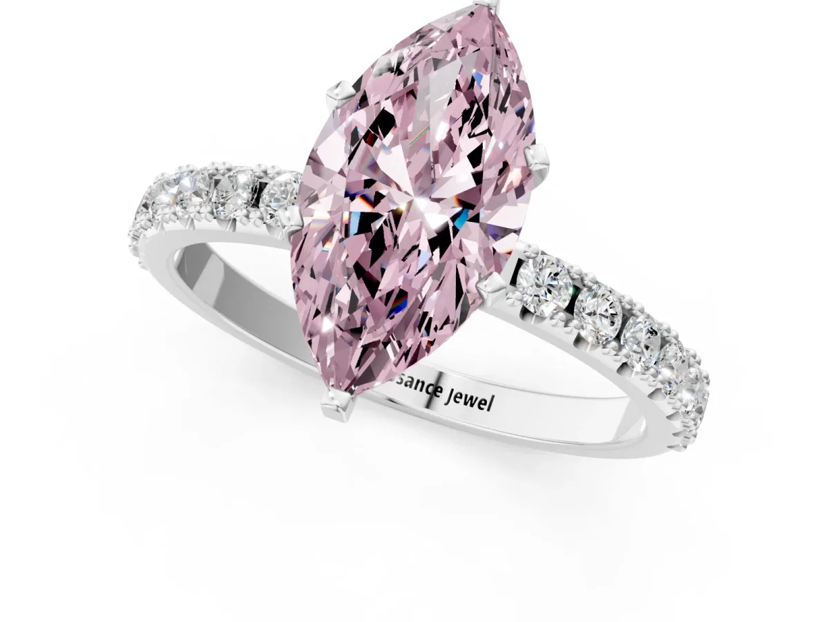 Fancy Pink Marquise Cut Diamond Solitaire Pavé Band with Four-Prong Setting Silver
