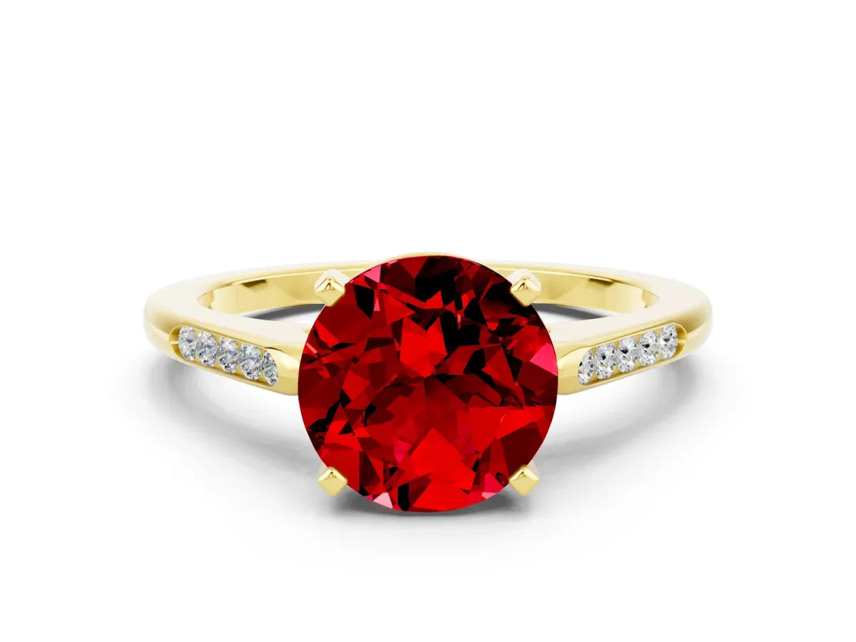 Round Cut Ruby Solitaire Ring with Channel Set Round Band and Prong Setting Yellow gold