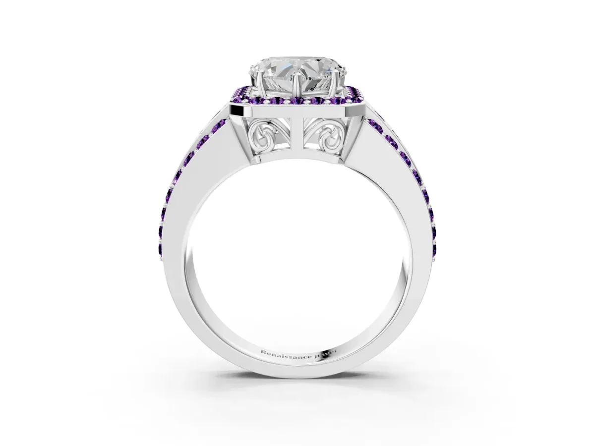 Heart Cut Halo Diamond Ring with Round Amethyst Split Shank and Prong Setting Platinum