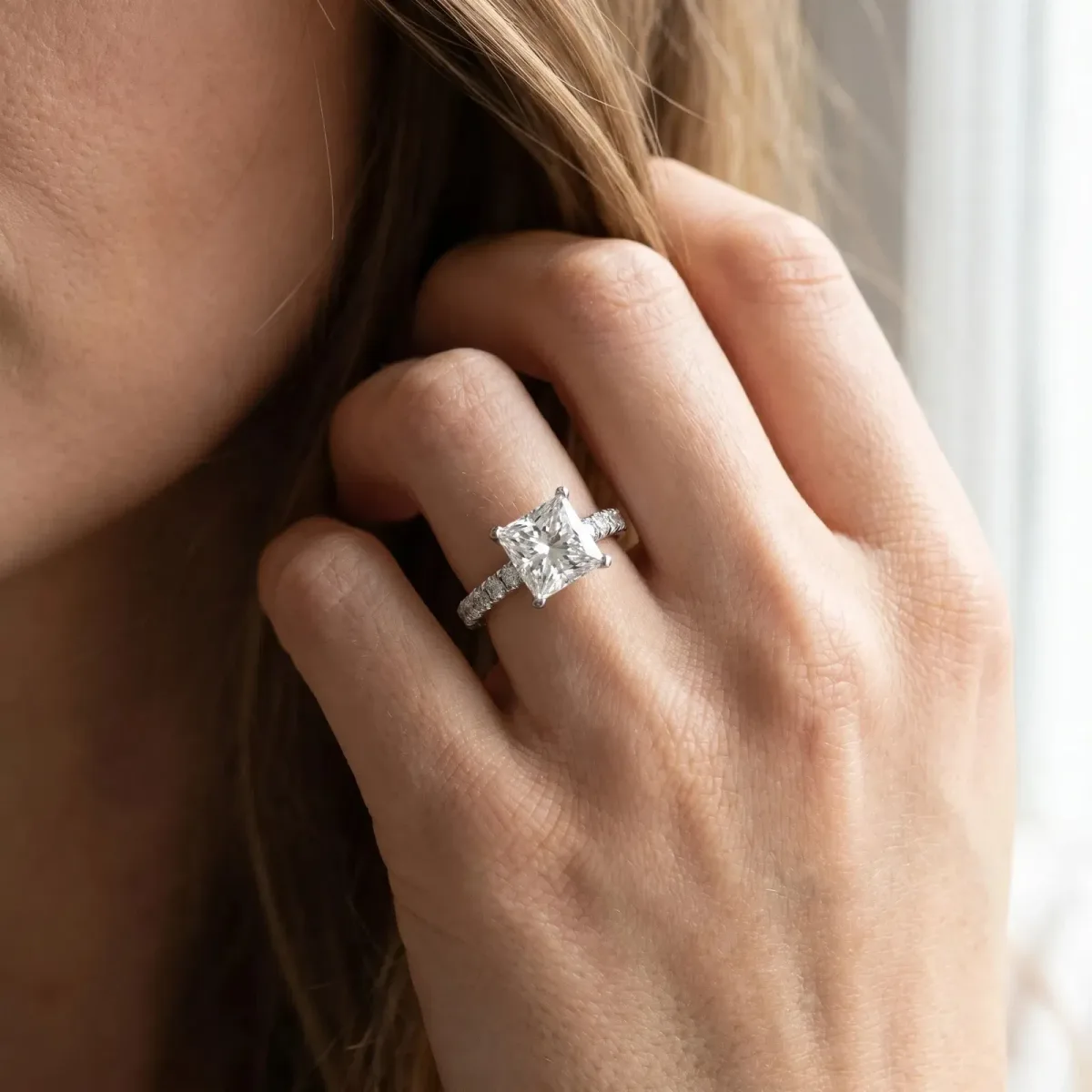 Princess Cut Solitaire Diamond with Pavé Band and Four-Prong Setting Silver